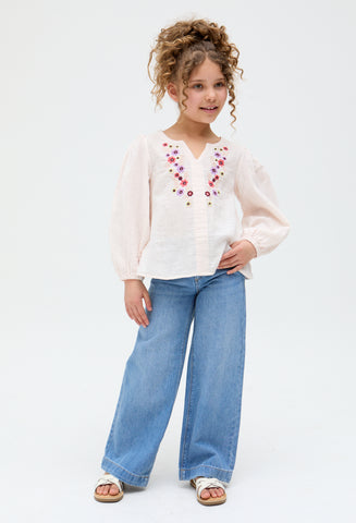 Kids Dina V-Neck Embroidered Blouse In Cream