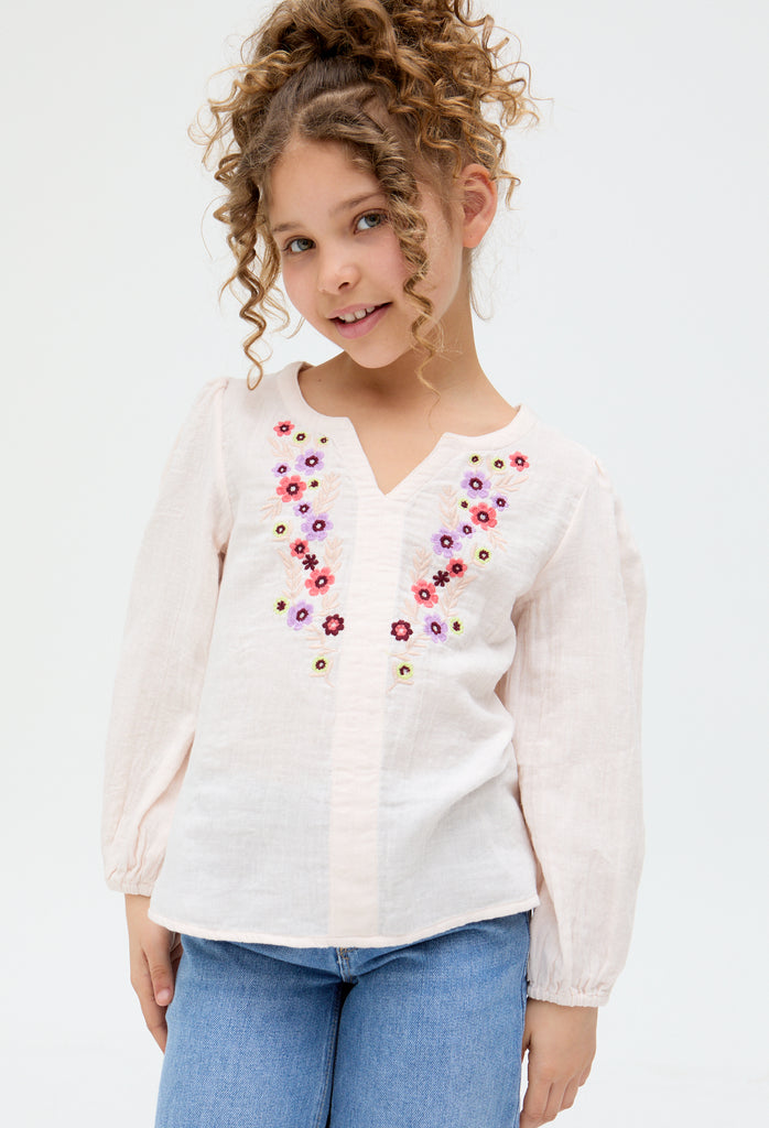 Kids Dina V-Neck Embroidered cotton Blouse In Cream - image 3