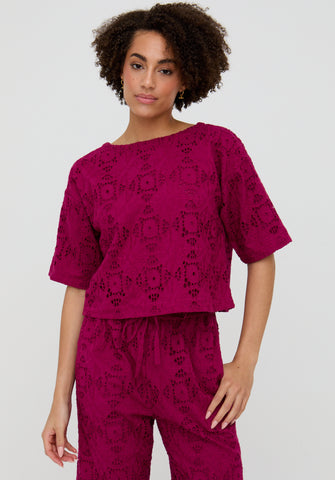 Opal Broderie Anglaise Split Open Back Blouse In PInk