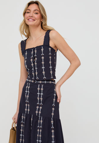 Bolli Button Front Embroidered Top In Navy
