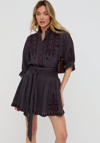 Julie Ruffle Neck Embroidered Shirt In Dark Grey