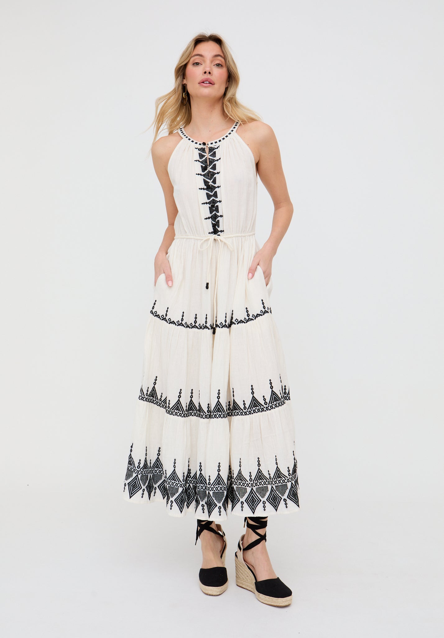 Mia Halter Neck Embroidered Maxi Dress