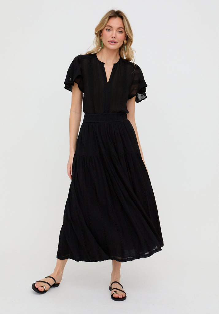 Candice Flutter Sleeve Jacquard Maxi Dress In Black