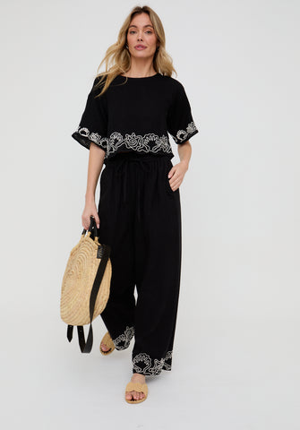 Milly Wide Leg Embroidered Trouser In Black