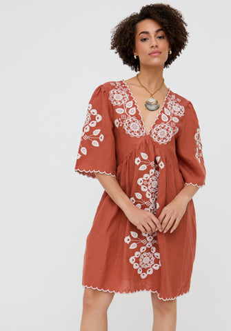 Arabella V- Neck Embroidered Mini Dress In Brown