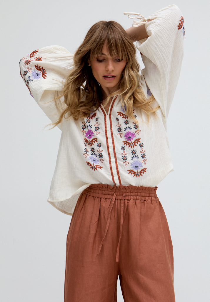 Dina V-Neck Embroidered Shirt In Cream