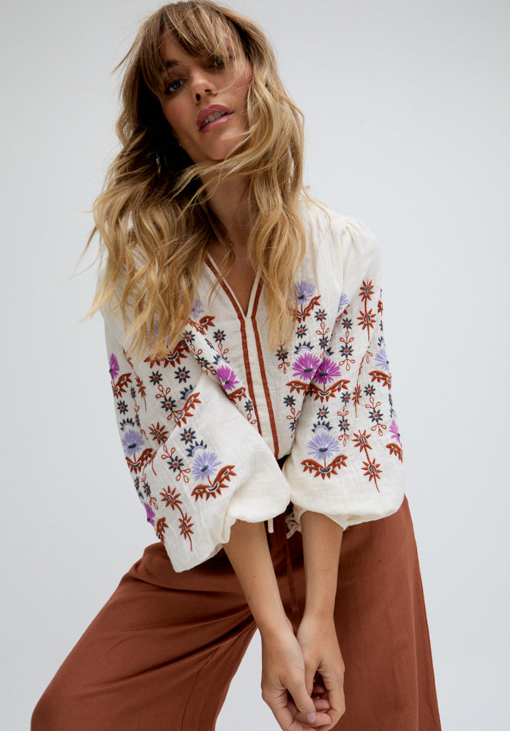 Dina V-Neck Embroidered Shirt In Cream