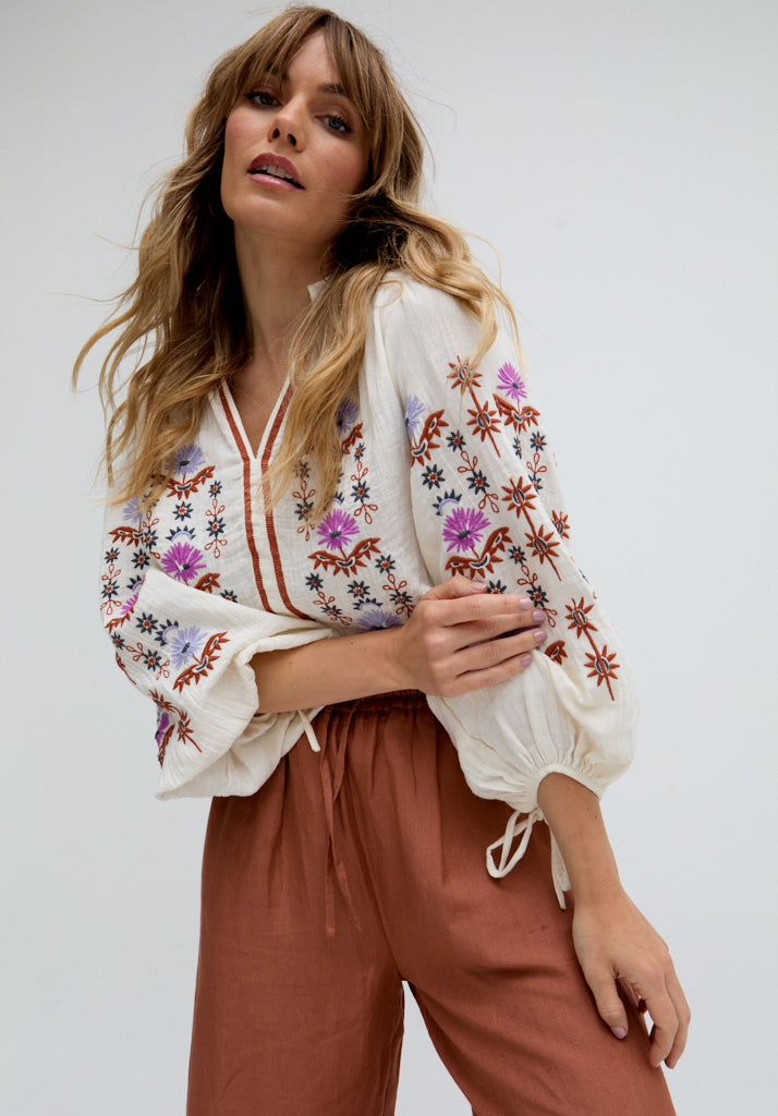 Dina V-Neck Embroidered Shirt In Cream