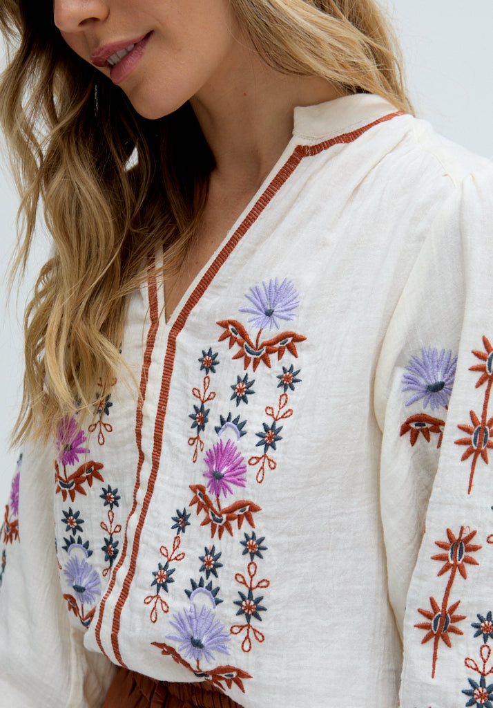 Dina V-Neck Embroidered Shirt In Cream