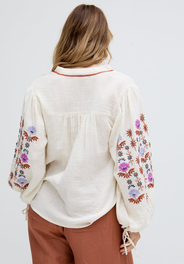 Dina V-Neck Embroidered Shirt In Cream