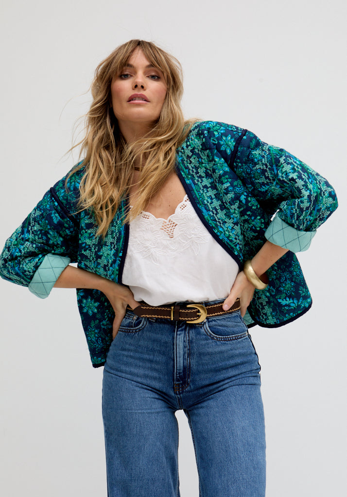 Annaia Lightly Quilted Floral Printed Jacket In Blue