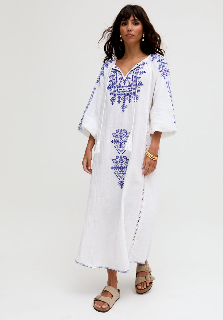 Aurelia Kaftan Style Embroidered Maxi Dress In White