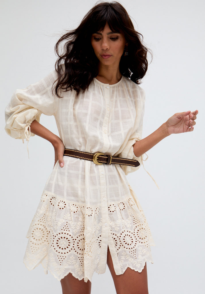 Olivia Button Down Embroidered Mini Dress In Cream