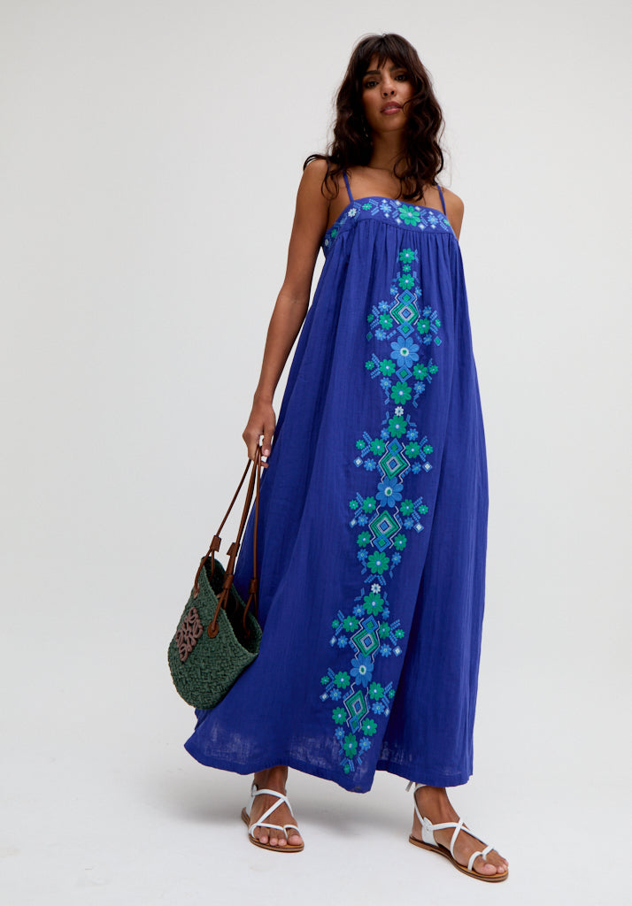 Thea Spaghetti Strap Embroidered Maxi Dress In Blue