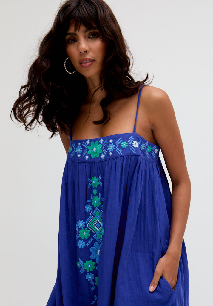 Thea Spaghetti Strap Embroidered Maxi Dress In Blue