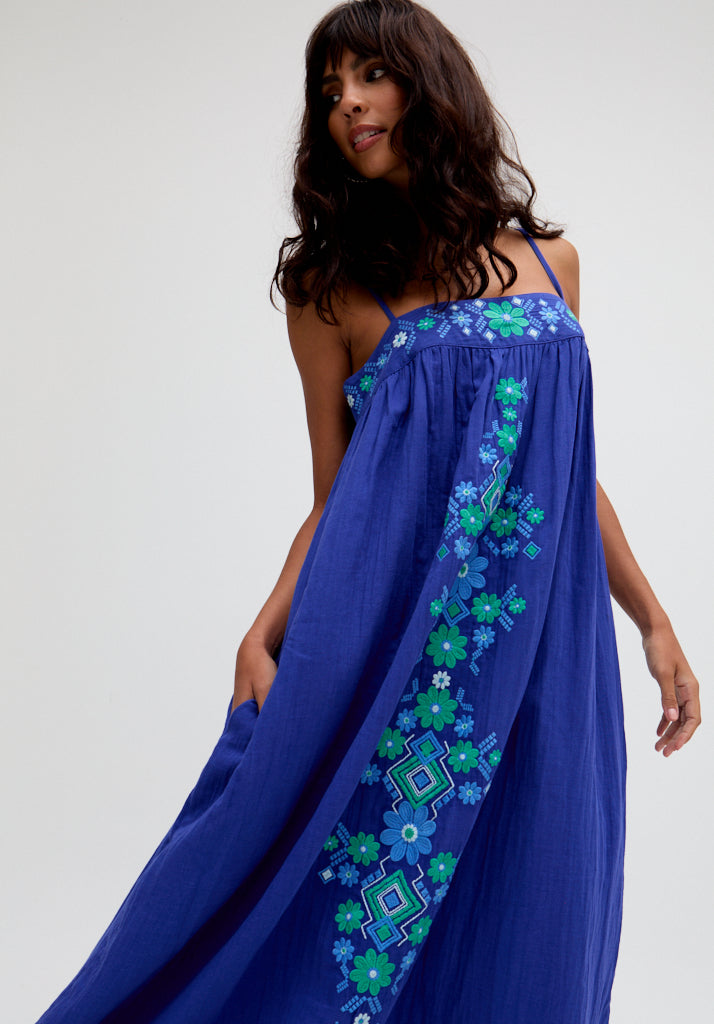 Thea Spaghetti Strap Embroidered Maxi Dress In Blue