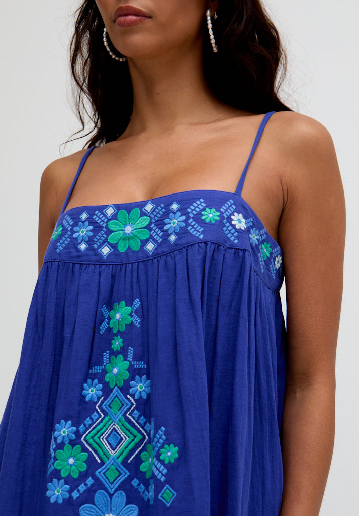 Thea Spaghetti Strap Embroidered Maxi Dress In Blue