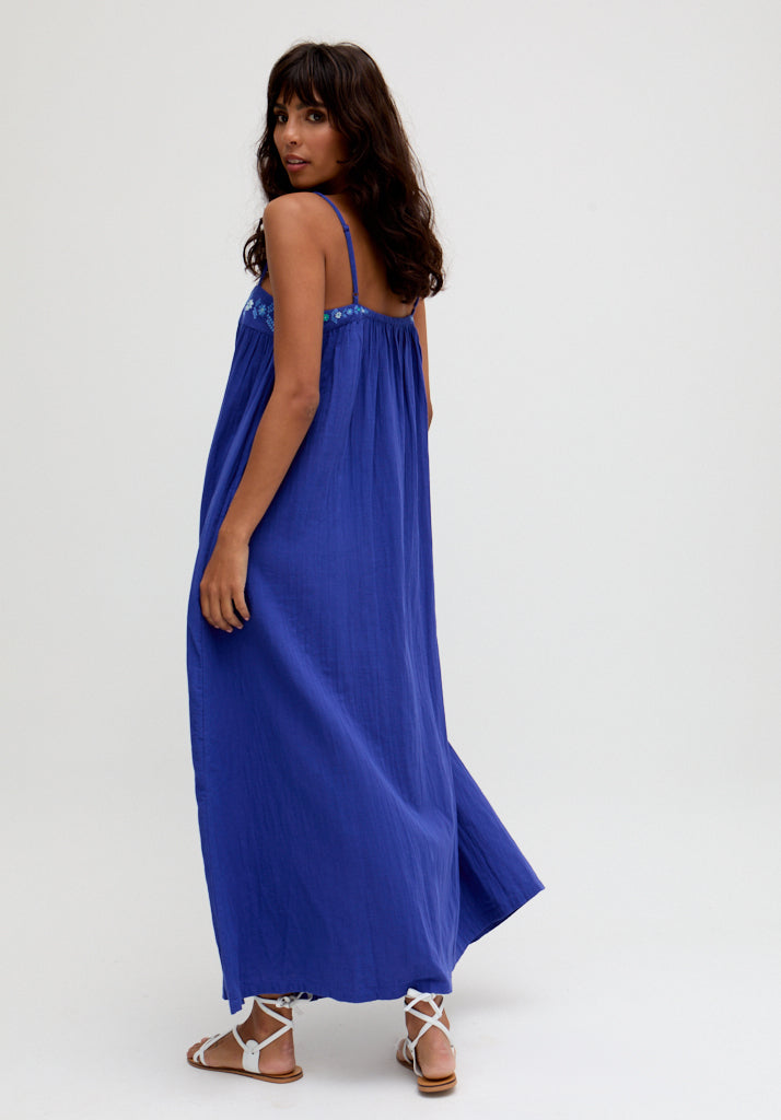 Thea Spaghetti Strap Embroidered Maxi Dress In Blue