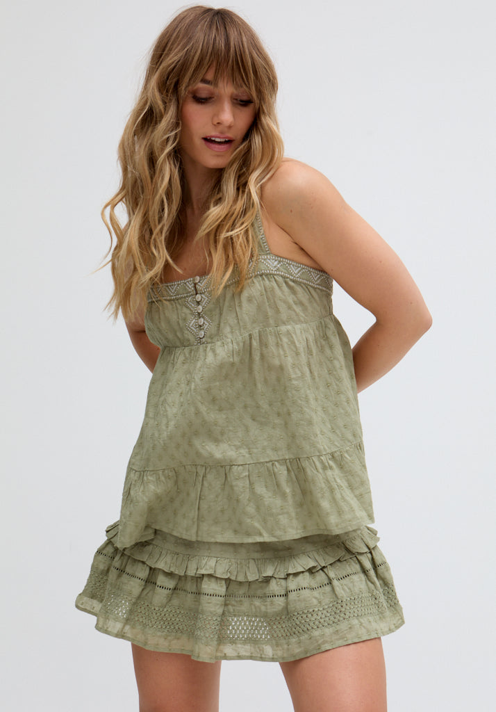 Selena Tiered Embroidered Cami In Green