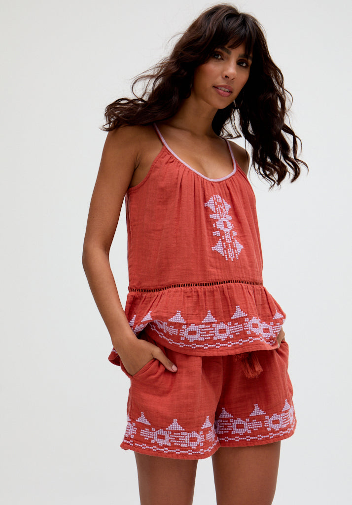 Lilly Spaghetti Strap Embroidered Cami In Brown