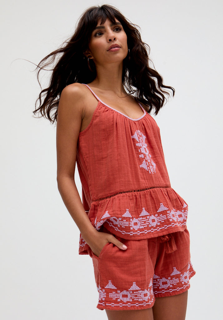 Lilly Spaghetti Strap Embroidered Cami In Brown