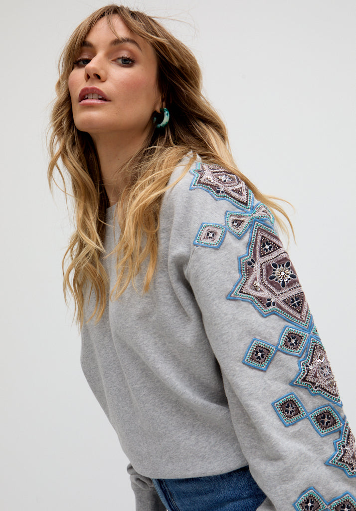 Jewel Full Sleeves Embroidered Sweatshirt In Grey