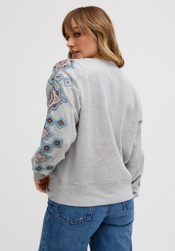 Jewel Full Sleeves Embroidered Sweatshirt In Grey