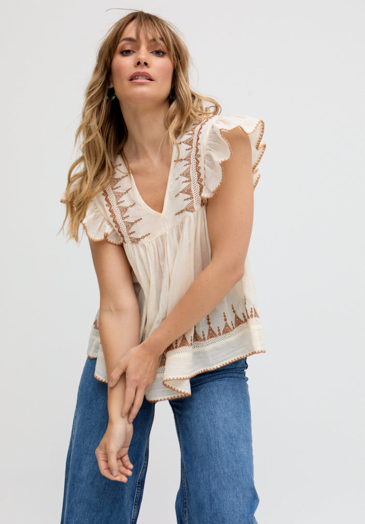 Mariana Flutter Sleeve Embroidered Blouse In Cream