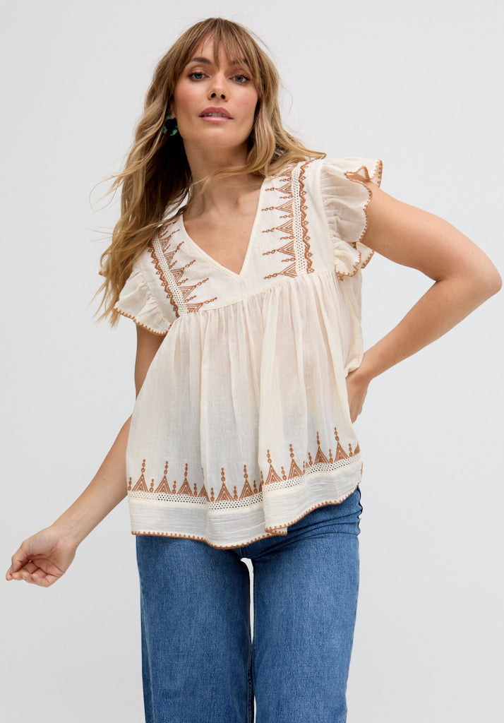 Mariana Flutter Sleeve Embroidered Blouse In Cream