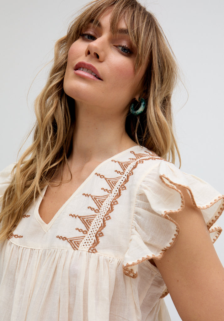 Mariana Flutter Sleeve Embroidered Blouse In Cream