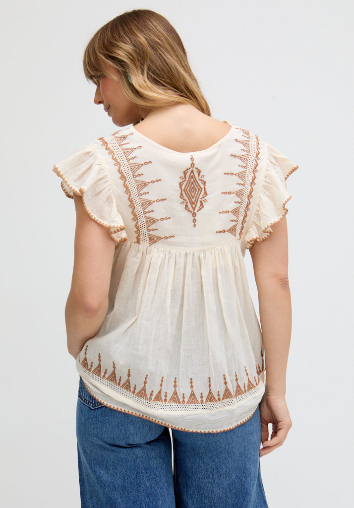 Mariana Flutter Sleeve Embroidered Blouse In Cream