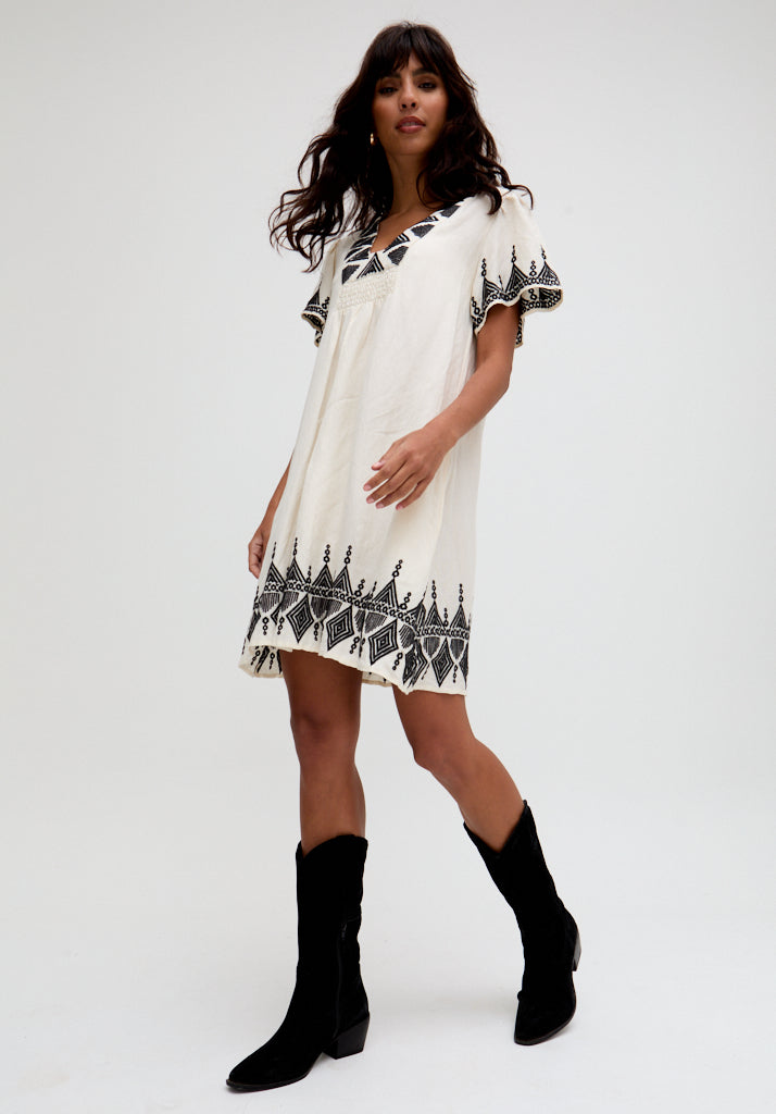 Liberty V-Neck Embroidered Mini Dress In Cream