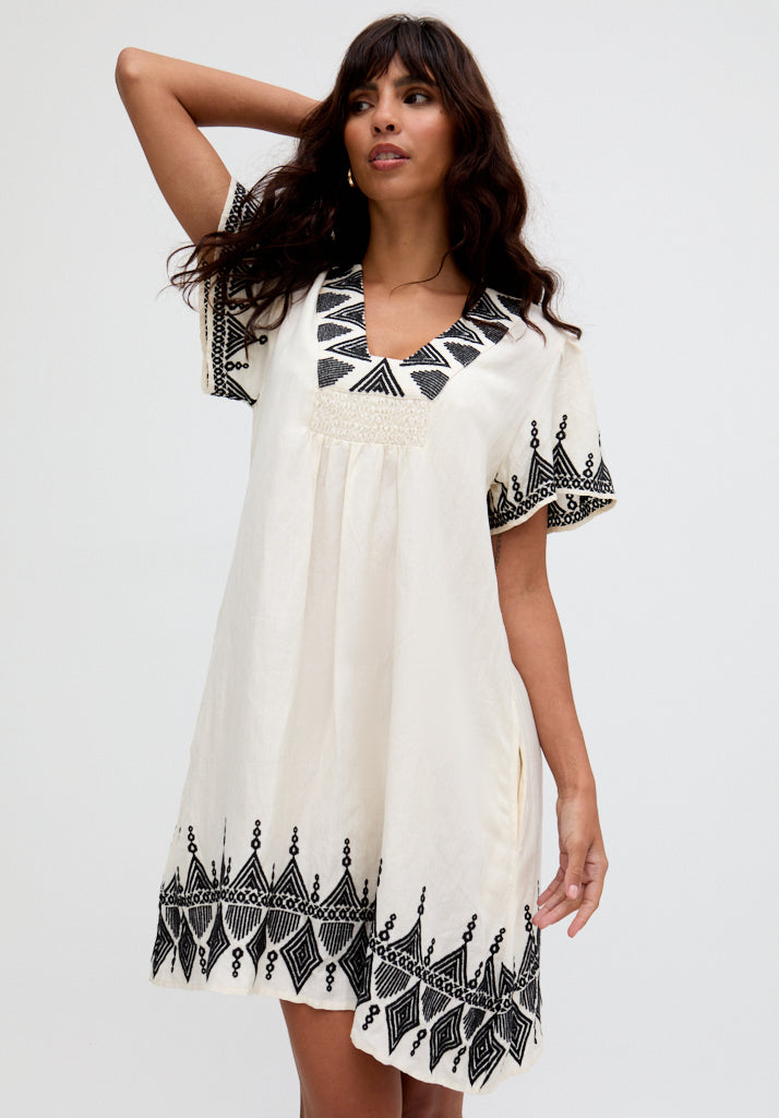 Liberty V-Neck Embroidered Mini Dress In Cream