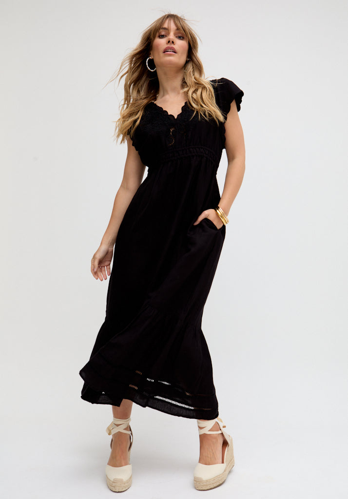 Jacinta Open Back Embroidered Maxi Dress In Black