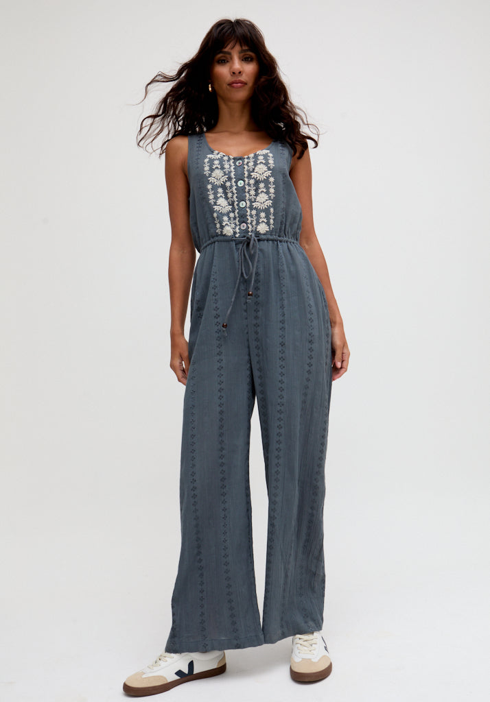 Ana Sleeveless Embroidered Jumpsuit In Grey