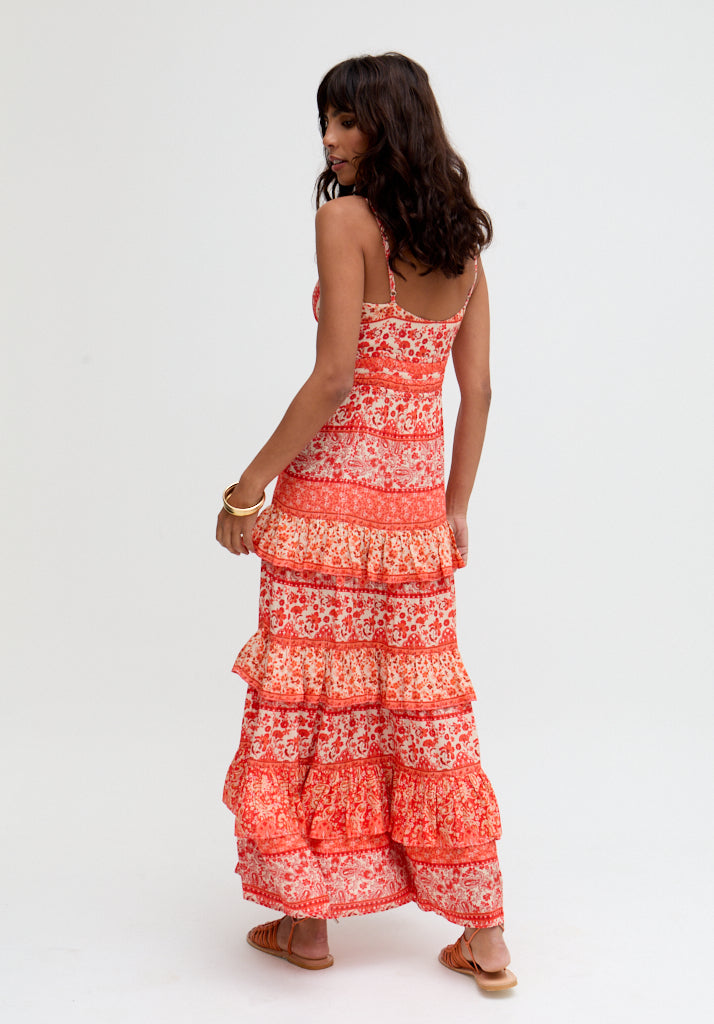 Feifei Ruffle Tiered Floral Printed Maxi Dress In Orange