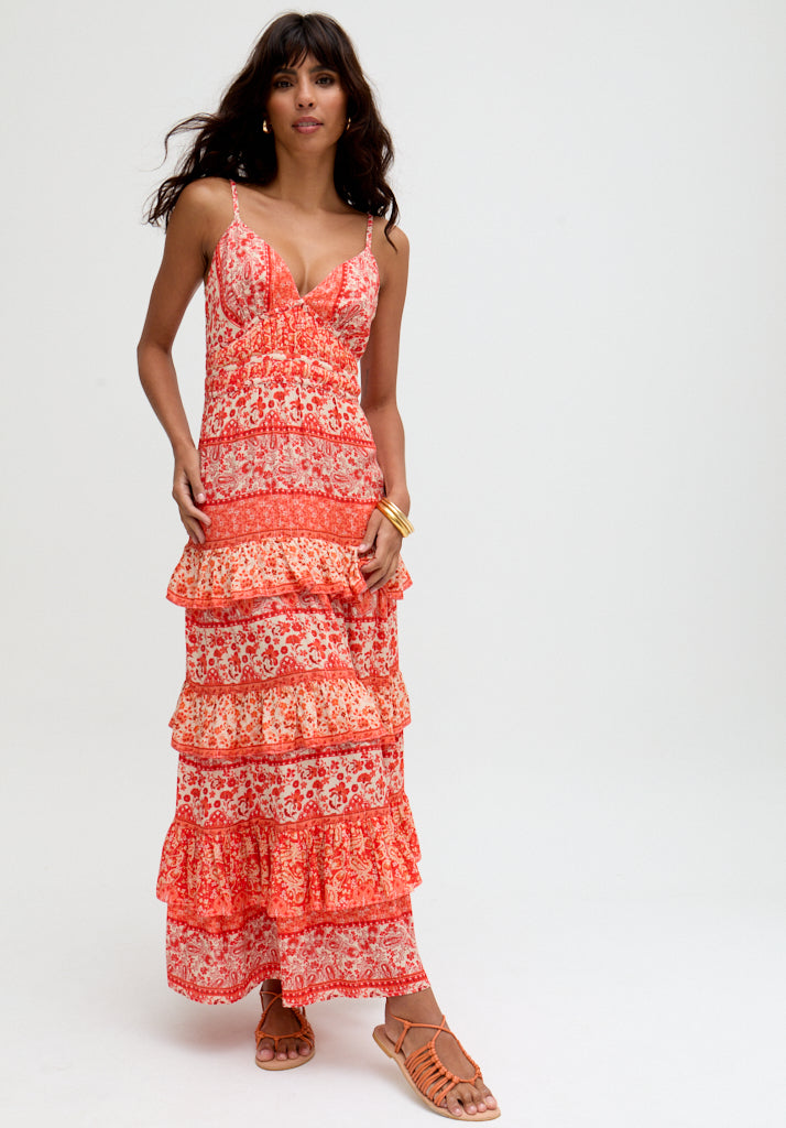 Feifei Ruffle Tiered Floral Printed Maxi Dress In Orange