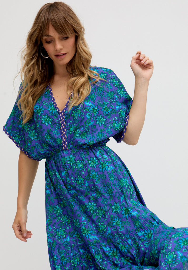 Iris Kaftan Style Floral Printed Maxi Dress In Blue