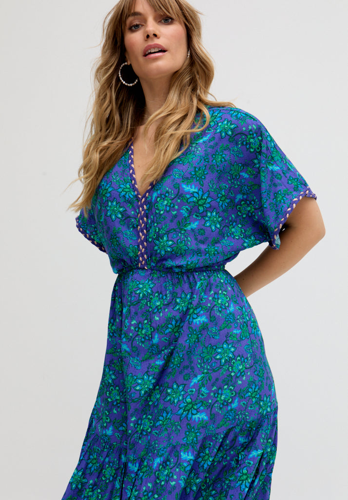 Iris Kaftan Style Floral Printed Maxi Dress In Blue