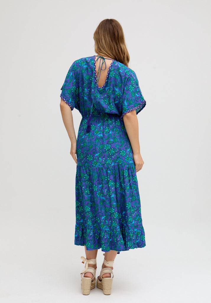 Iris Kaftan Style Floral Printed Maxi Dress In Blue