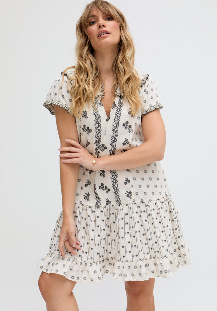 Jemilla Split Neck Jacquard Mini Dress In Cream