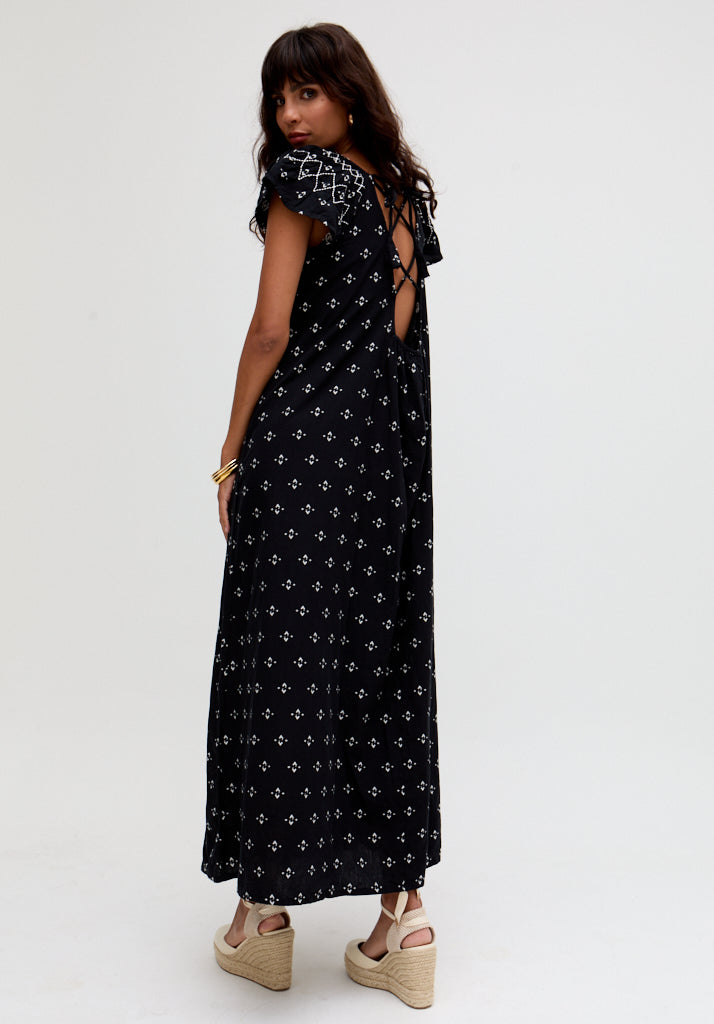 Willow Embroidered Shirring Jacquard Maxi Dress In Black