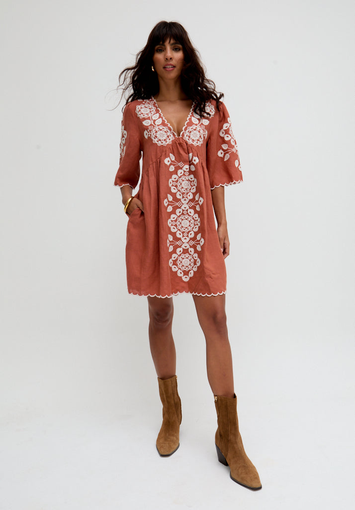 Arabella V- Neck Embroidered Mini Dress In Brown