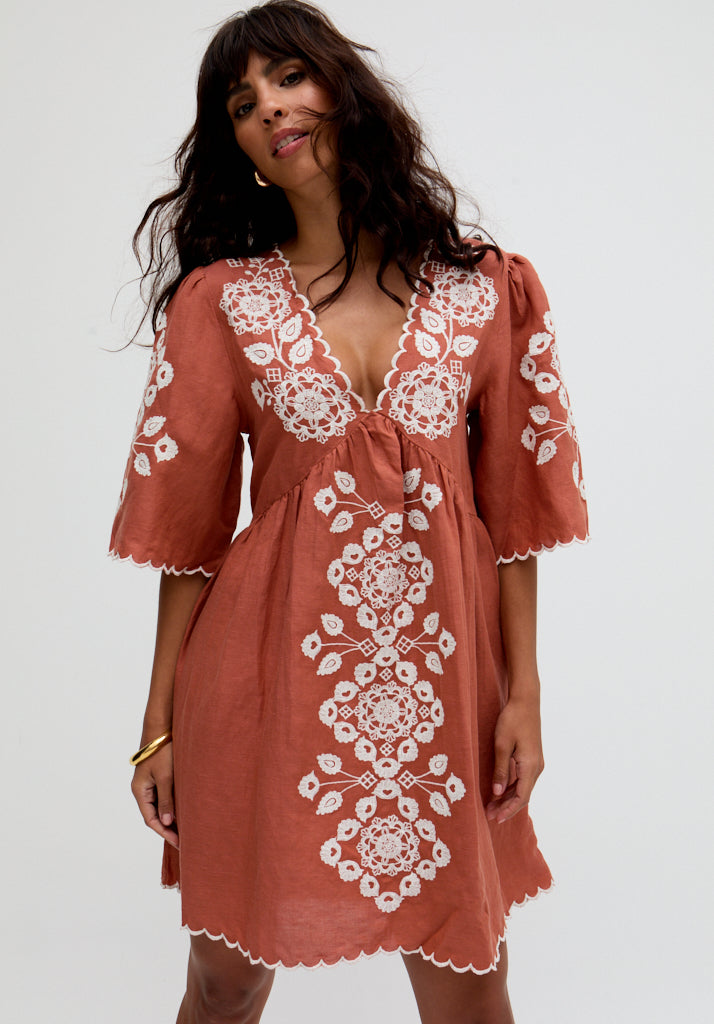 Arabella V Neck Embroidered Mini Dress