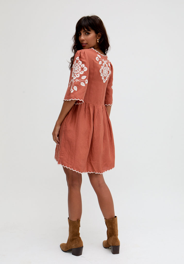 Arabella V- Neck Embroidered Mini Dress In Brown