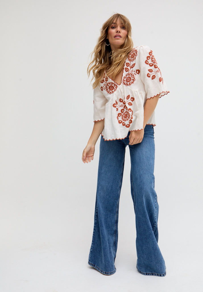 Aubrey V-Neck Embroidered Blouse In Cream