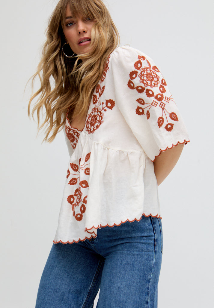 Aubrey V-Neck Embroidered Blouse In Cream