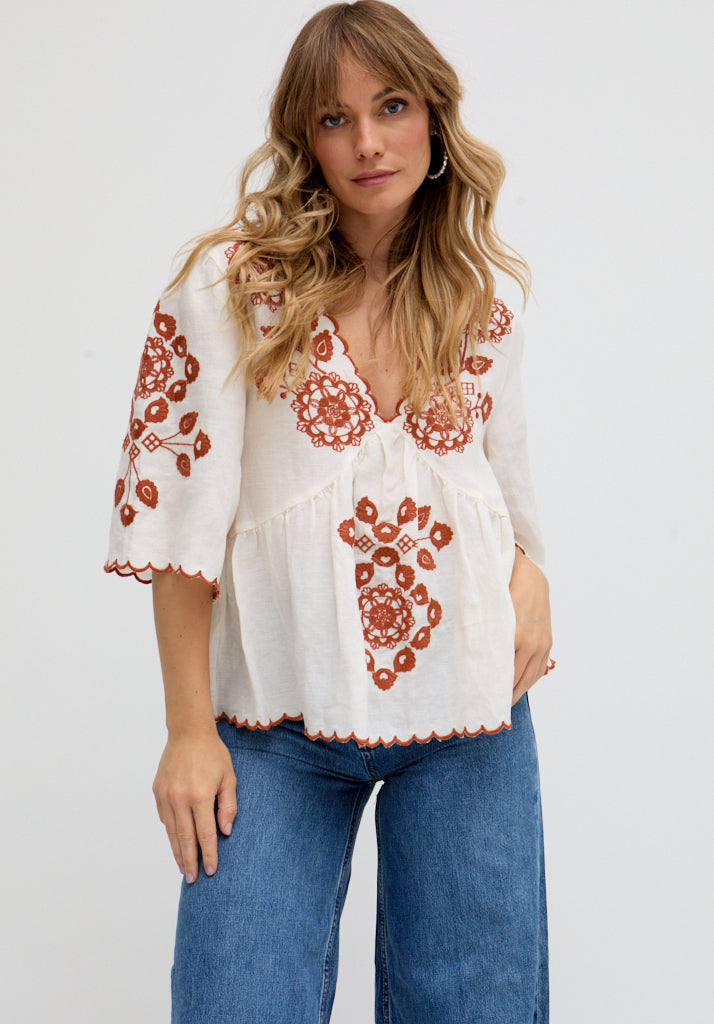 Aubrey V-Neck Embroidered Blouse In Cream