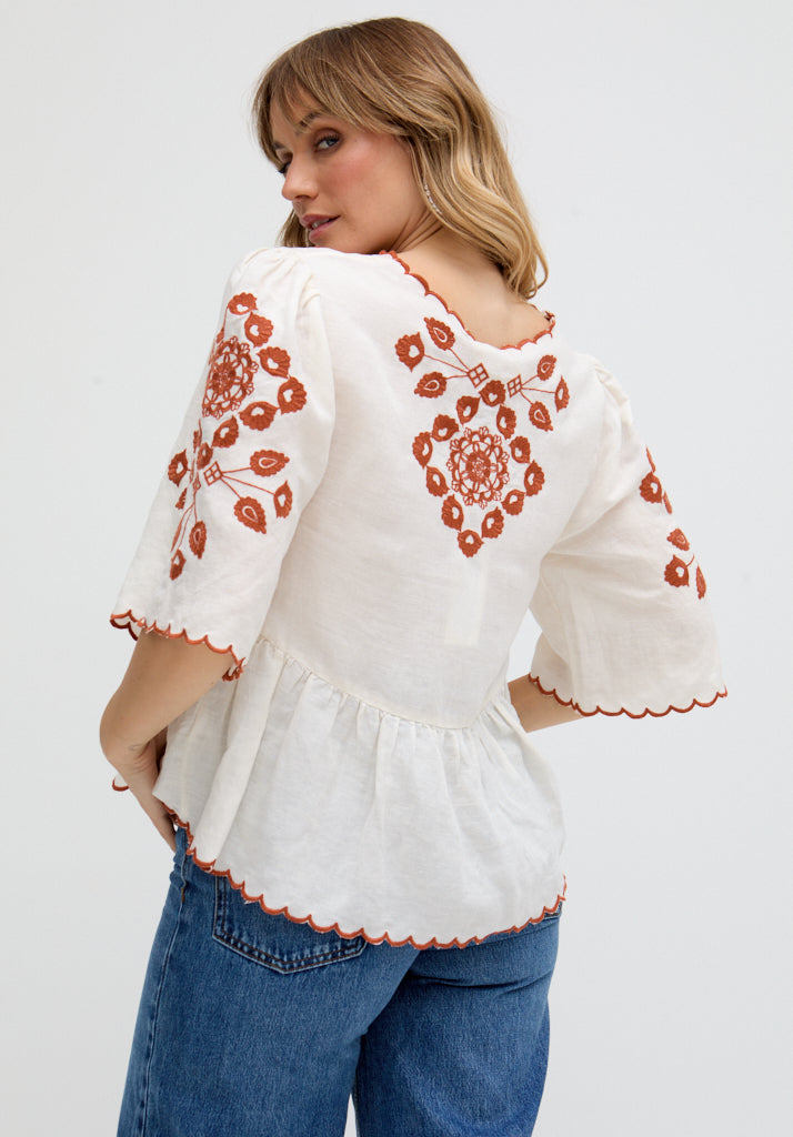 Aubrey V-Neck Embroidered Blouse In Cream