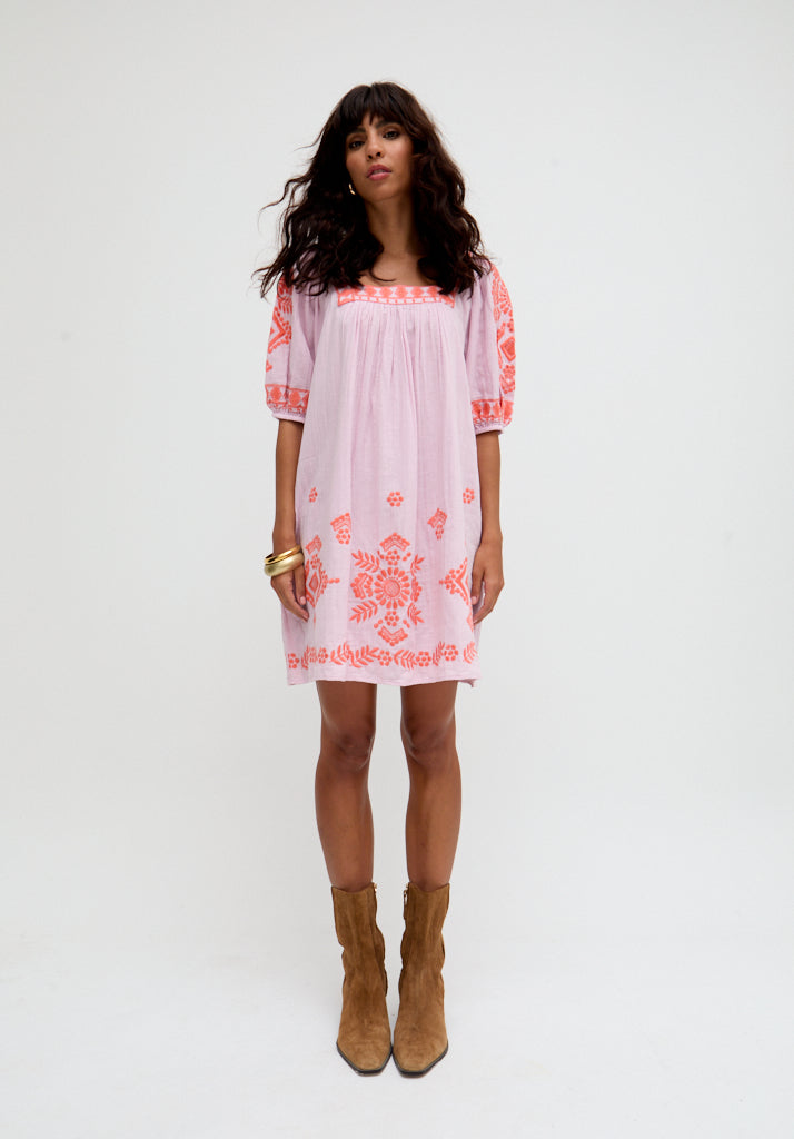 Clara Square Neck Embroidered Mini Dress In Pink